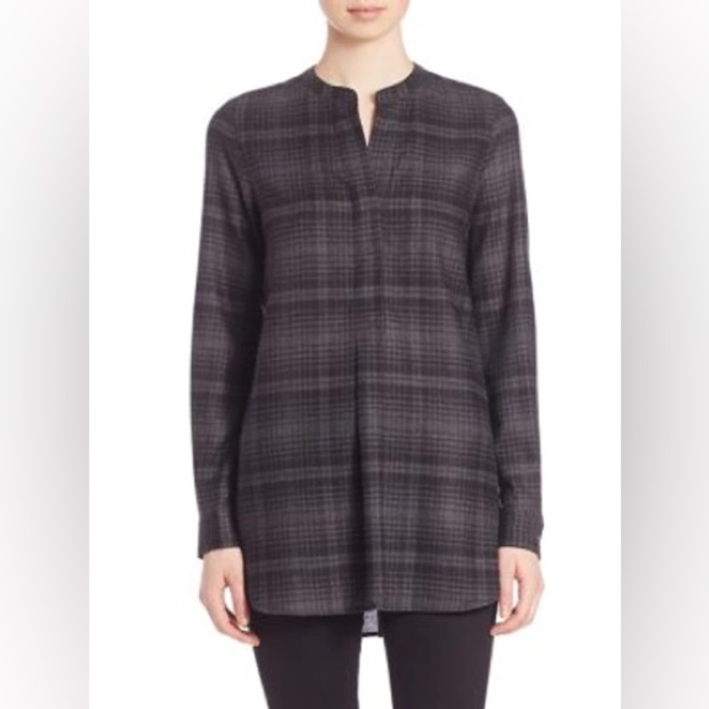 Theory Orvinio Avalon Plaid Wool Gray Long Sleeve Half Button Down Tunic EUC S